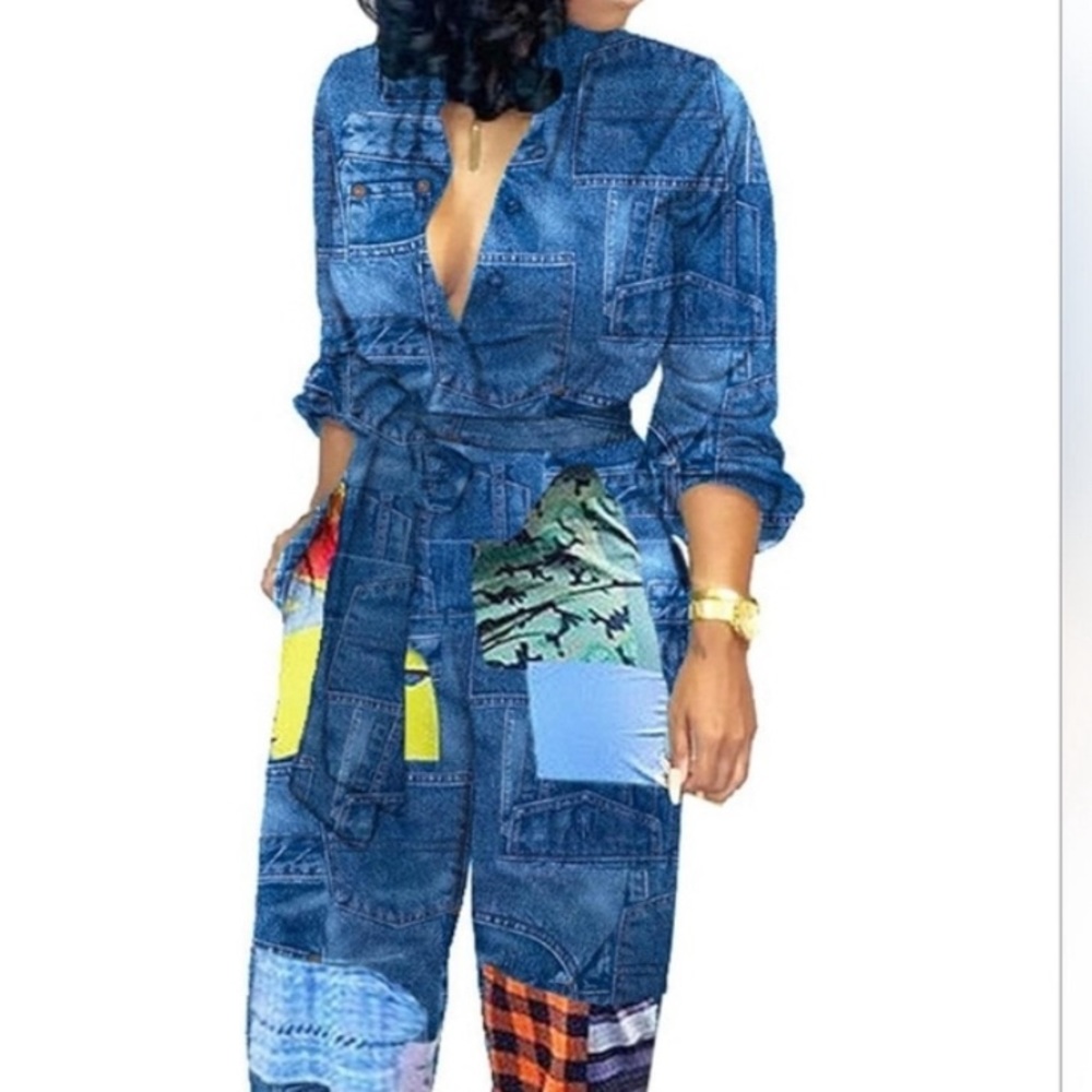 Long Sleeve Blue Denim Print  Jumpsuit Romper Size Large - Belt not included.